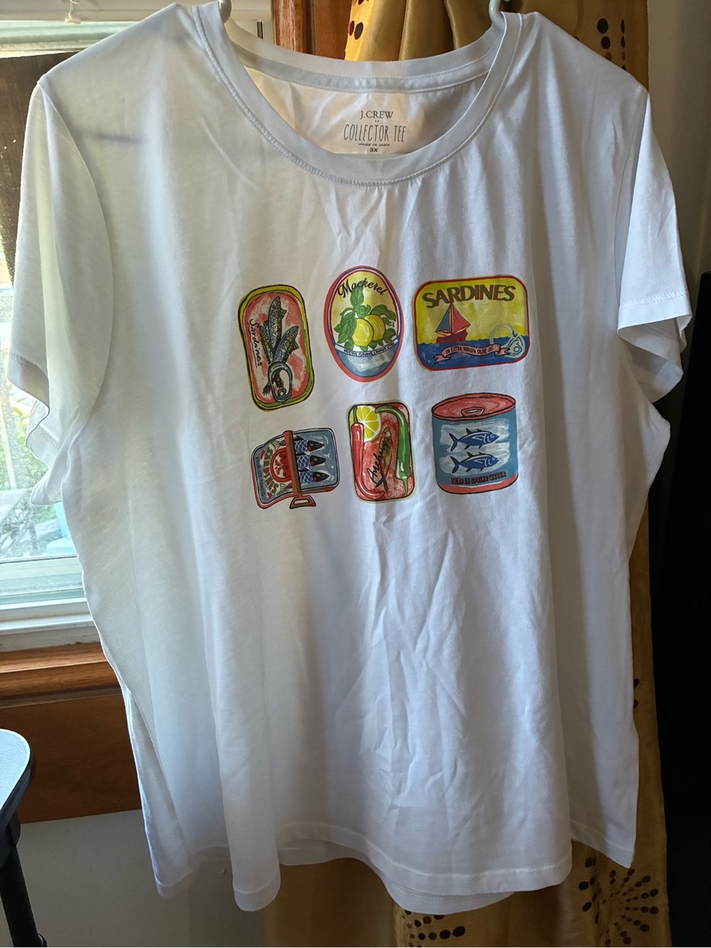 J. Crew White Short-Sleeve Tee with Colorful Sardine Can Graphics, Size 3X